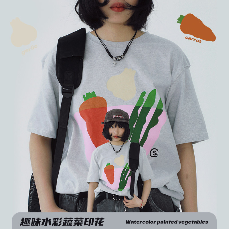 STILLYOU原创趣味水彩蔬菜印花圆领短袖T恤女宽松休闲简约半袖夏