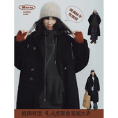 返场STILLYOU气质廓形双排扣夹棉中长毛呢外套女黑色质感呢大衣韩