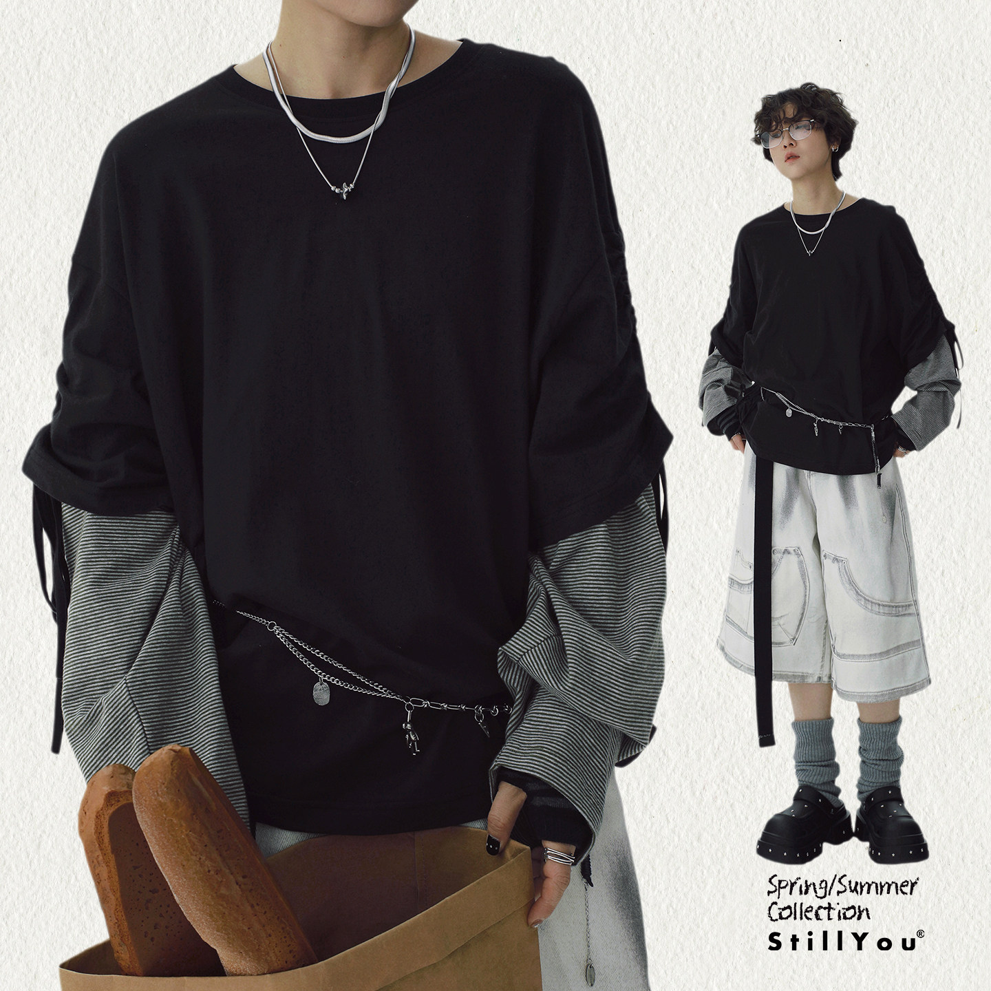 STILL YOU原创个性假两件圆领长袖T恤女宽松慵懒绑带袖黑灰打底衫