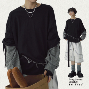 黑灰打底衫 STILL T恤女宽松慵懒绑带袖 假两件圆领长袖 YOU原创个性