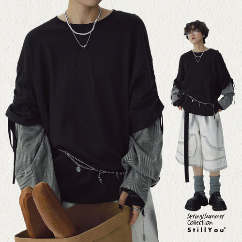 STILLYOU假两件绑带黑灰圆领T恤