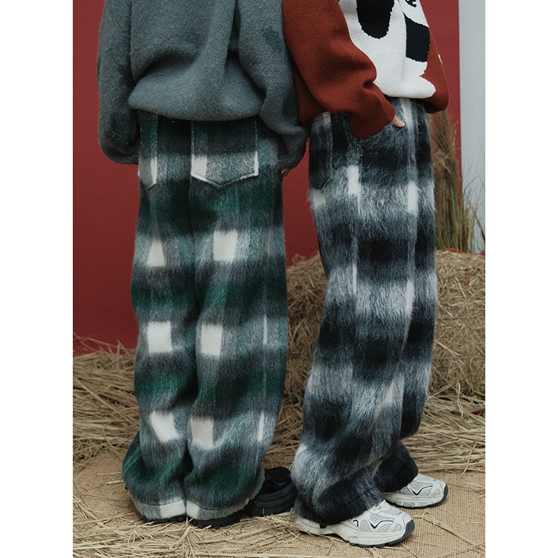 返场STILLYOU原创新保暖加厚长毛格子休闲毛呢裤女宽松直筒长裤