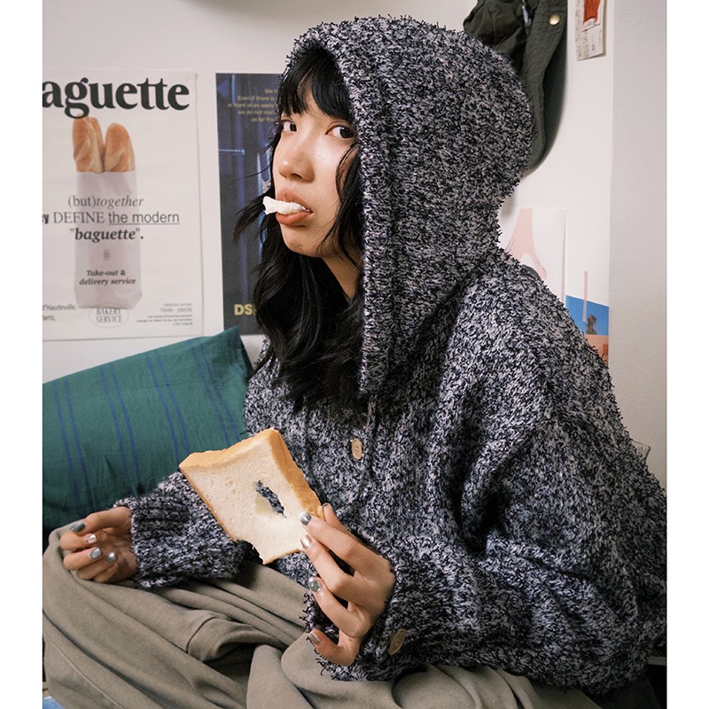 返场STILLYOU复古慵懒温柔星光杂色连帽毛衣女宽松软糯针织上衣新