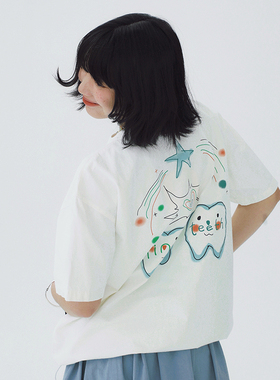 STILLYOU原创趣味后背印花套头白色短袖衬衫女宽松工装衬衣夏