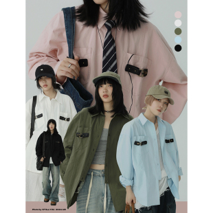 STILLYOU中性帅气双口袋皮扣袢长袖 女宽松休闲造型感薄外套春 衬衫