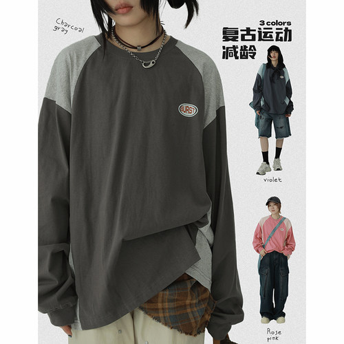 美式复古拼接撞色插肩袖长袖T恤