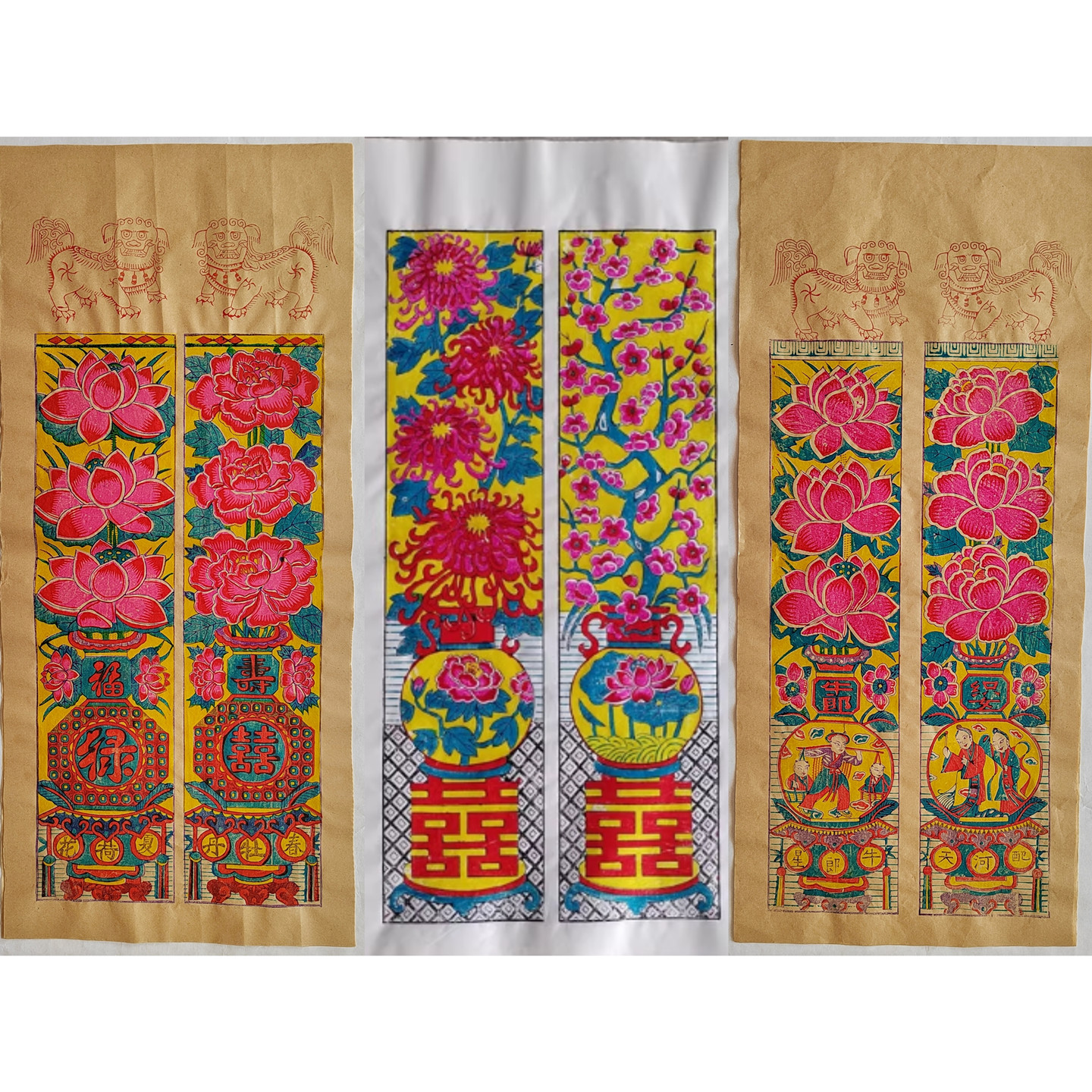 年画福禄寿喜百花齐放红双喜花瓶