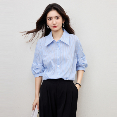 法式条纹宽松减龄短袖衬衫女