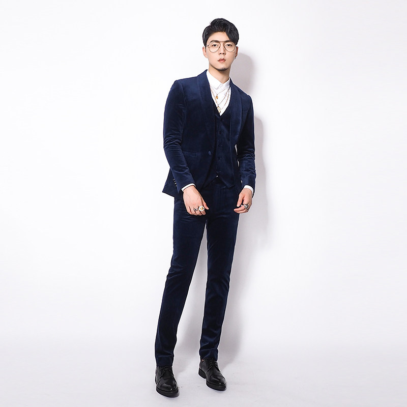 青果领时尚休闲西服套装男二件套轻奢灯芯绒西装新郎结婚礼服英伦