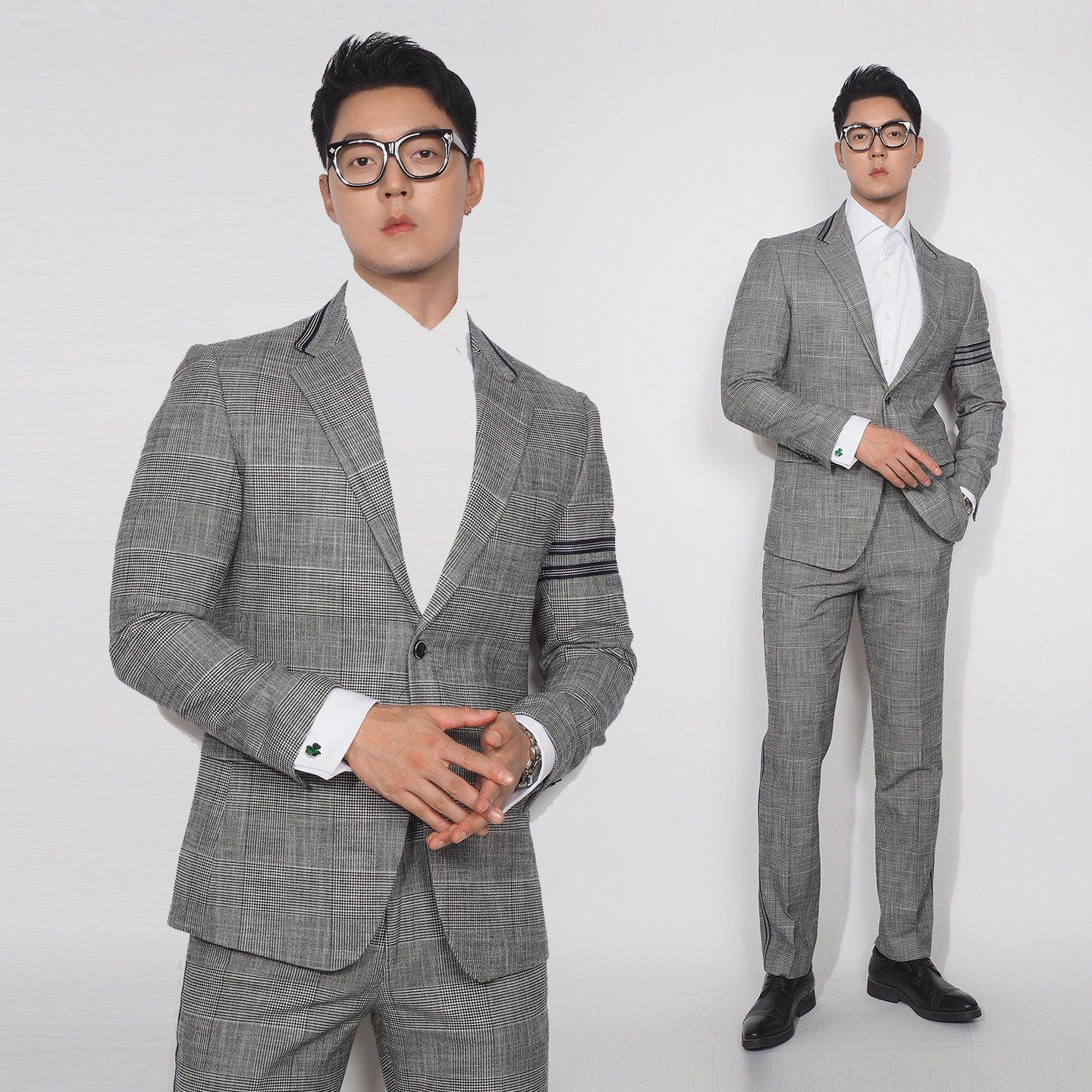 川泽男装灰色格子织带西服套装修身韩版时尚百搭高级西装两件套潮