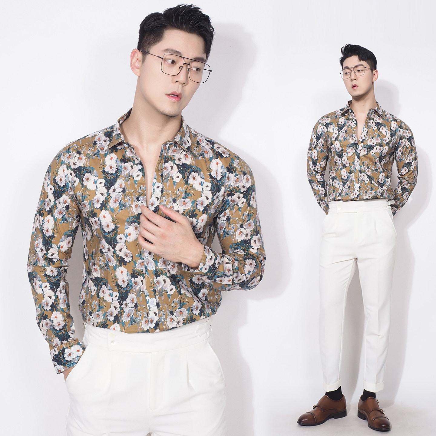 川泽男装新款长袖棉质花衬衫韩版修身印花衬衣男士休闲时尚上衣潮