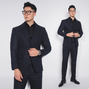 韩版 川泽男装 修身 时尚 西服马甲三件套 秋冬厚料羊毛混纺藏青色西装