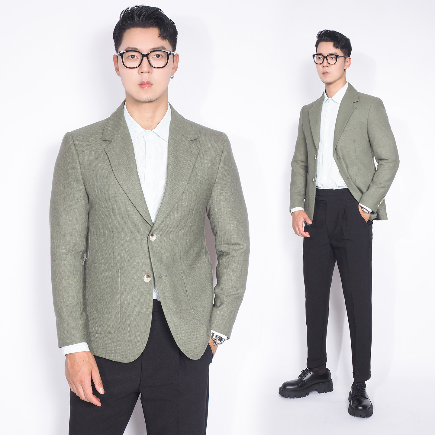 川泽男装休闲绿色清新小西服韩版修身日常通勤外套时尚个性西装潮