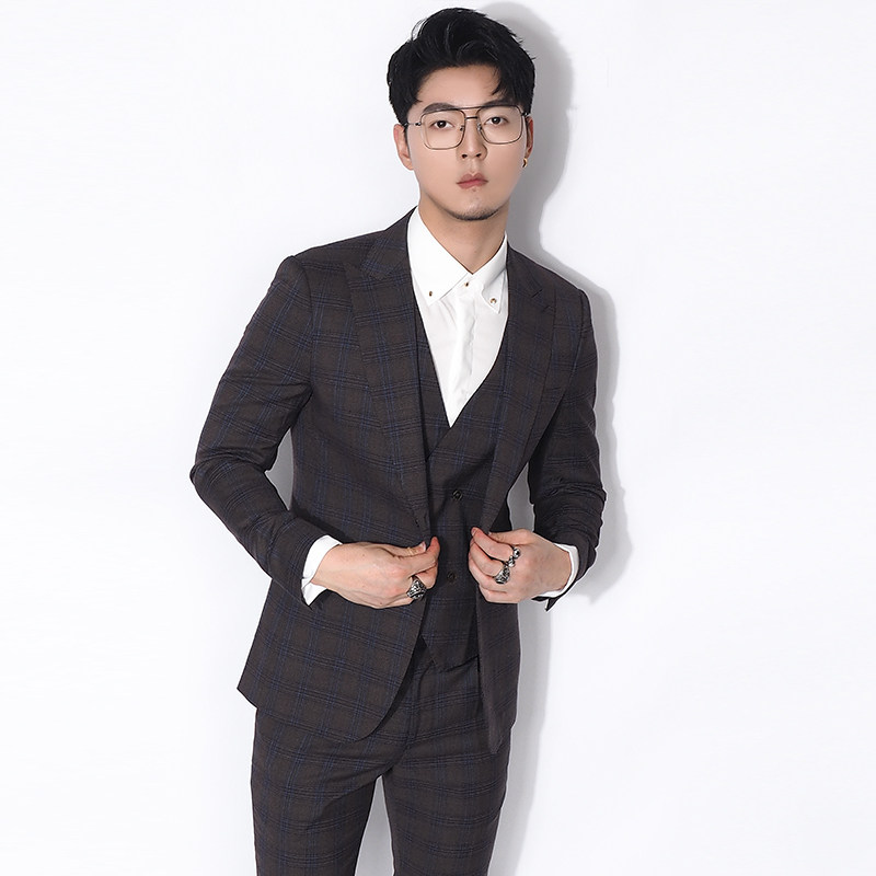 川泽薄款轻商务西装套装男士夏季韩版深咖啡格子修身两件套男