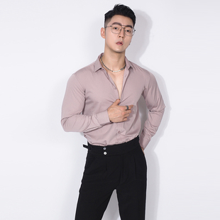 新款 韩版 抗皱纯色长袖 修身 日常糖果色尖领衬衣潮微弹 衬衫 川泽男士