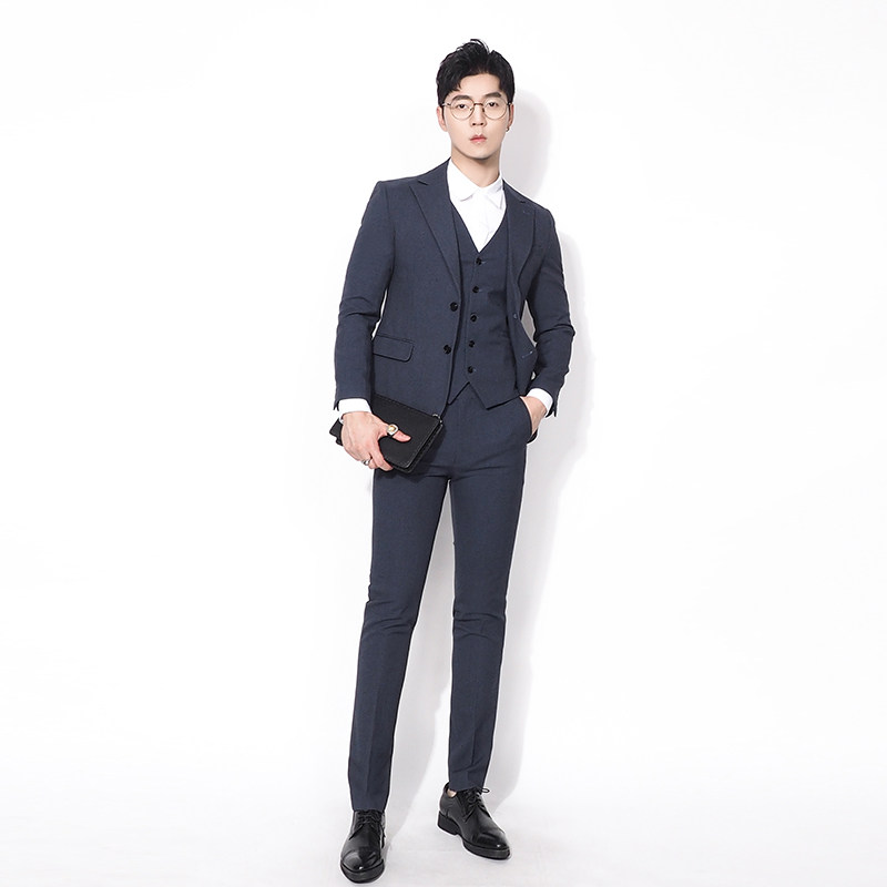 川泽灰蓝色西装三件套男新款韩版修身轻商务西服套装绅士上班男装