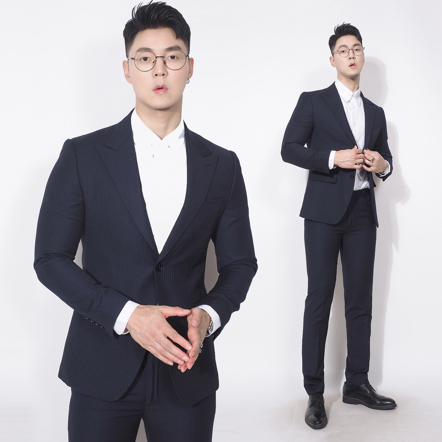 川泽男装藏青色条纹西装高级三件套混纺修身轻商务西服套装男套西