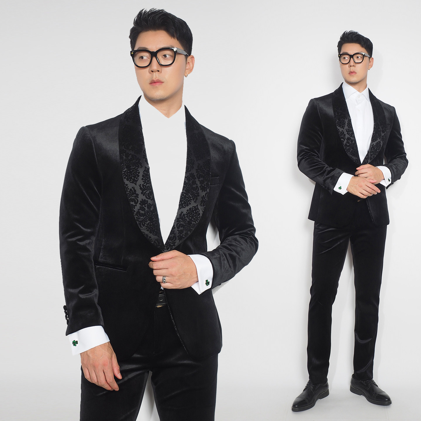 川泽男装黑色金丝绒一粒扣西服雕花青果领质感高级时尚西装外套潮