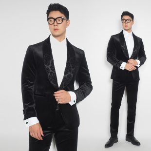 川泽男装黑色金丝绒一粒扣西服雕花青果领质感高级时尚西装外套潮