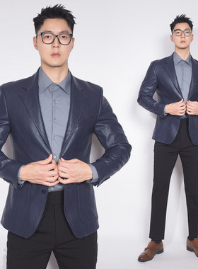 川泽休闲时尚PU皮蓝紫色西服外套