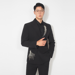 川泽男装双排扣亮钻西服套装韩版修身时尚舞台服男士宴会休闲西装