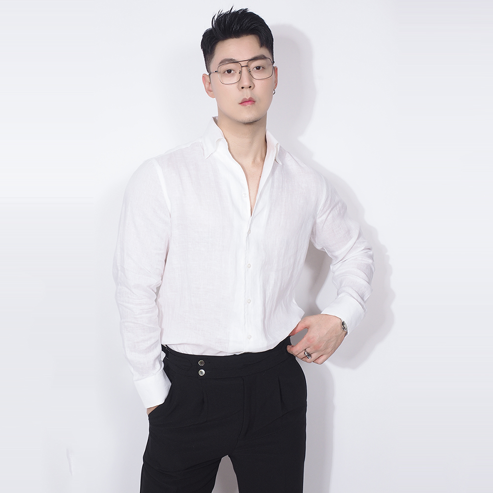 川泽男士长袖休闲白色V领衬衣潮