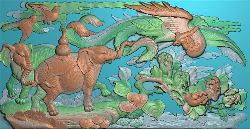 w浮雕图扫描图精雕图灰度图新款大象凤111-57 砖雕石雕 效果图