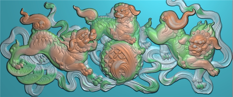 浮雕图扫描图精雕图灰度图新款三狮子戏球151-64 砖雕石雕