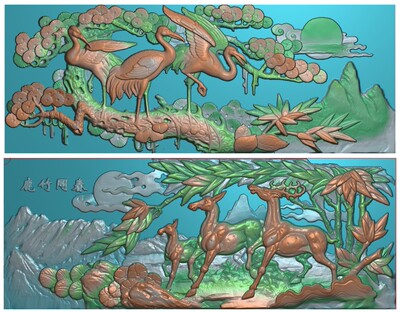 浮雕图扫描图精雕图灰度图新款鹿竹松鹤108-42 砖雕石雕效果图