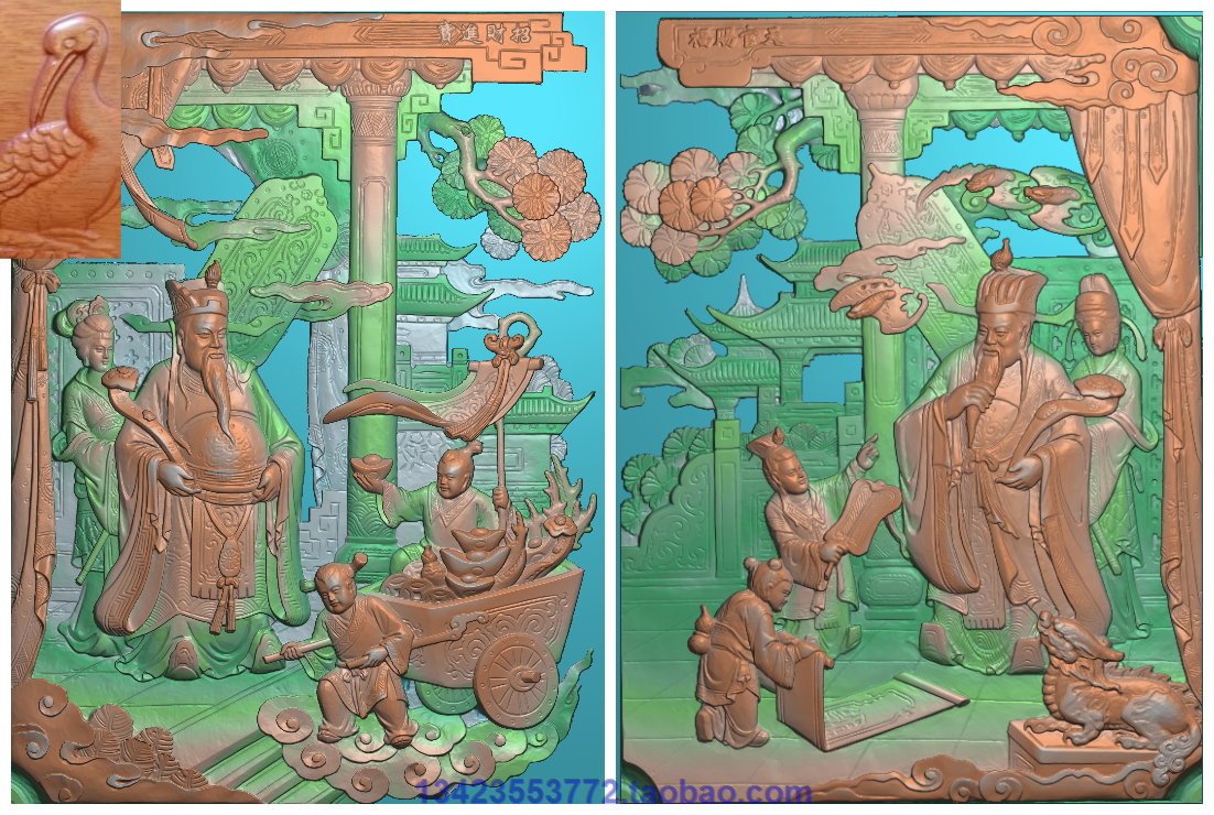 X浮雕图扫描图精雕图灰度图新款招财进宝天官赐福82-110 砖雕石雕