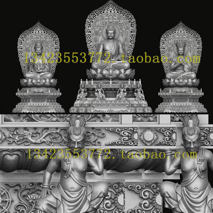 如来释迦牟尼佛祖stl圆雕图 精修佛像图 3D立体图 左右菩萨