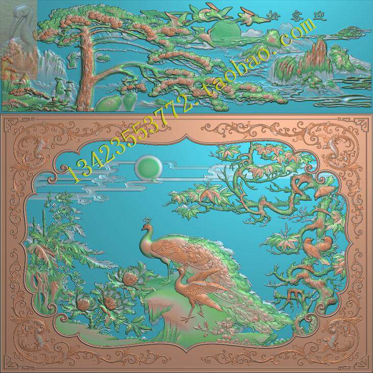 精雕图浮雕扫描图深雕古建图新款迎客松仙鹤屏风孔雀百鸟朝凤花鸟