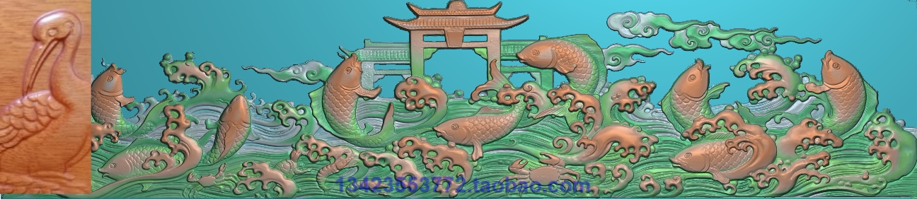 h浮雕图扫描图精雕图灰度图新款鲤鱼跃龙门217-47砖雕石雕效果图