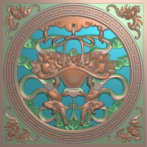 H童子花篮窗90-90 砖雕石雕 浮雕图扫描图精雕图灰度图 圆形镂空