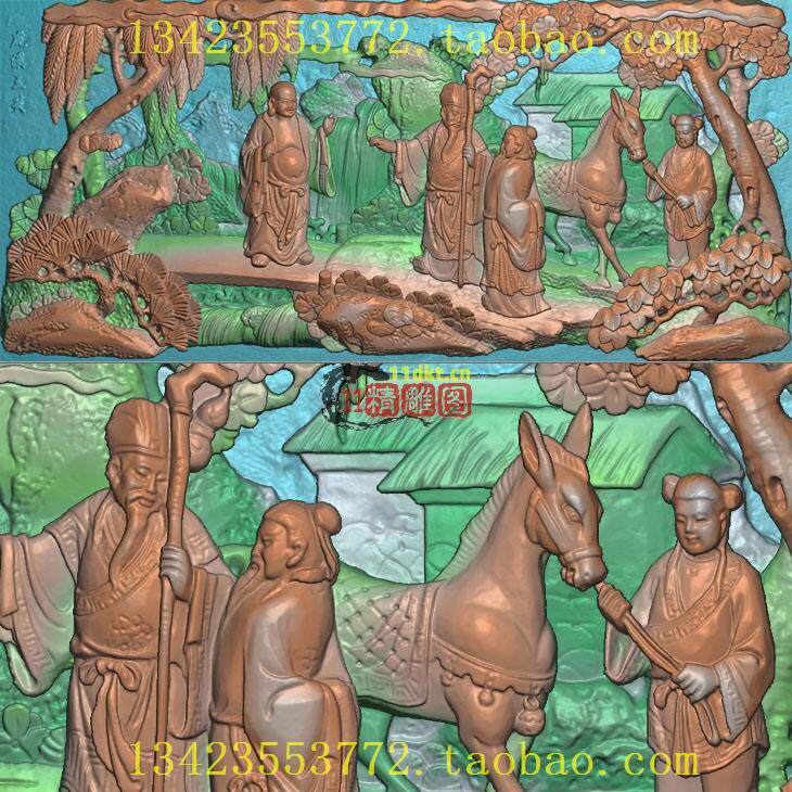 W精雕图浮雕灰度图扫描图深雕古建图新款虎溪三笑人物图
