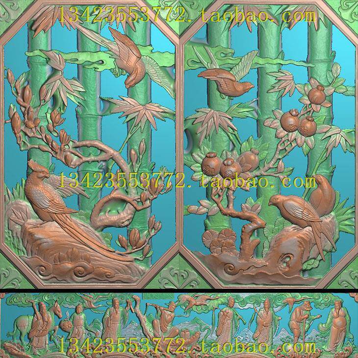 精雕图浮雕灰度图扫描图深雕古建花鸟竹子窗44-68八仙过海106-20