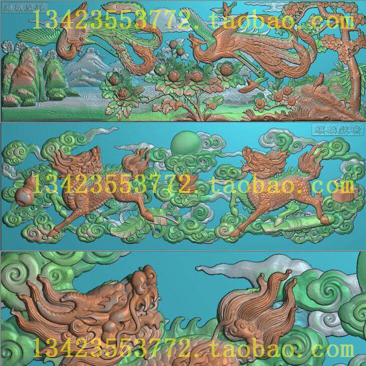 H锦鸡凤凰吉祥扫描图精雕图牡丹孔雀古建四季麒麟献瑞门堵