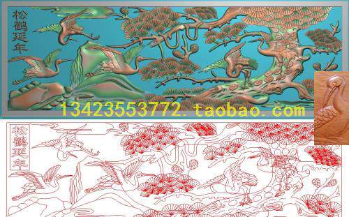 F松鹤延年壁画屏风精雕图迎客松鹤松树电视背景浮雕电脑石雕有线