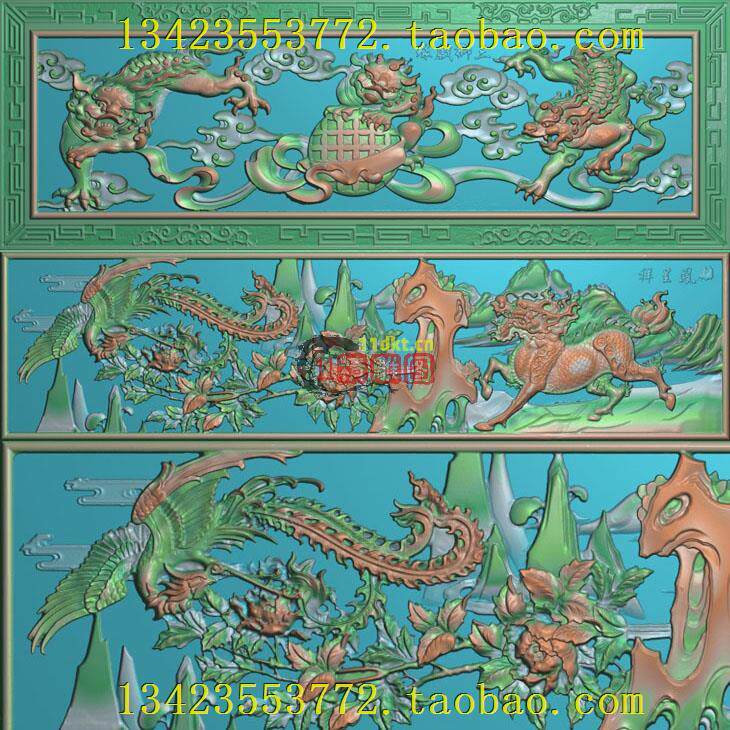 L精雕图浮雕灰度图扫描图深雕古建三狮戏球古建凤凰麒麟牡丹呈祥