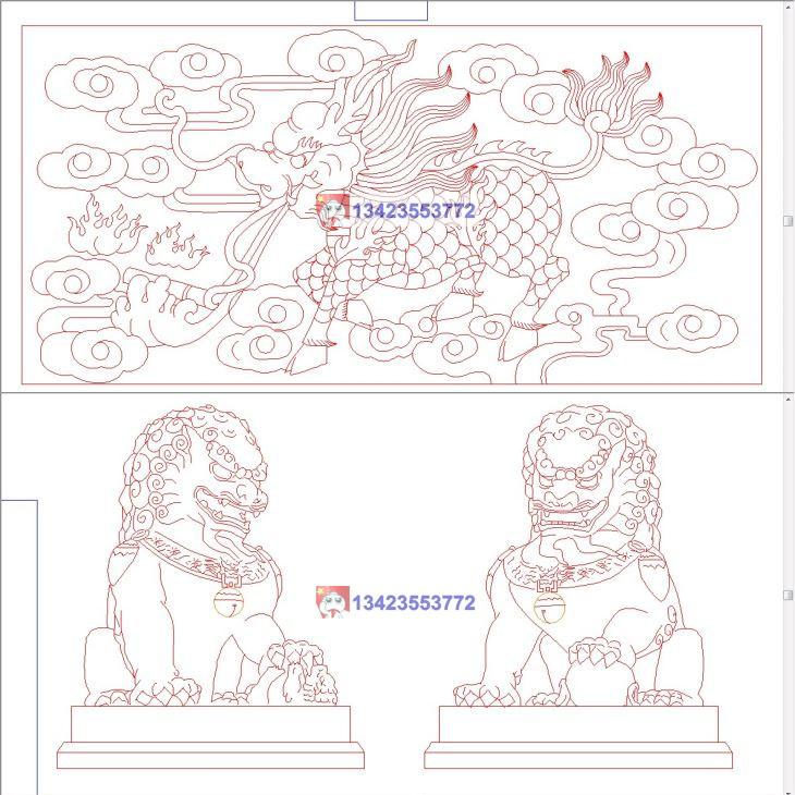 R矢量图大理石墓碑线雕_公母双狮墓碑线雕_麒麟卷书