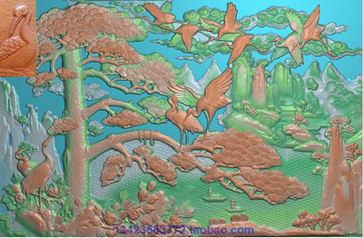 单张价浮雕图扫描图精雕图灰度图新款迎客松300-196砖雕石雕 松鹤