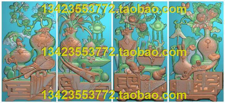 A精雕图浮雕灰度图扫描图深雕古建图牡丹兰花花瓶博古52-96