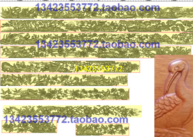 浮雕图扫描图精雕图新款横花鸟集合 砖雕 古建寺庙 效果图