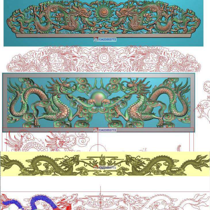 R新款双龙戏珠精雕图双龙深浮雕图壁画背景墙石雕双龙祥珠云架子