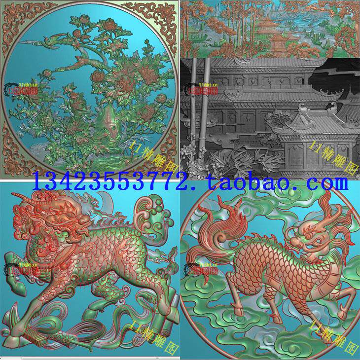 R精雕图扫描图古建洋花边框牡丹庭院松树山水麒麟