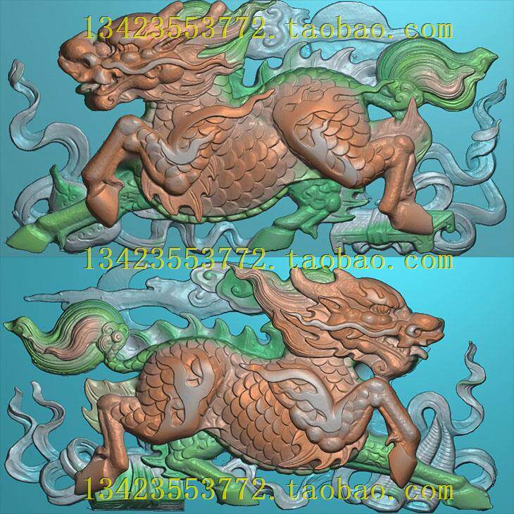 A精雕图浮雕灰度图扫描图深雕古建图新款横麒麟踏宝一对83-45