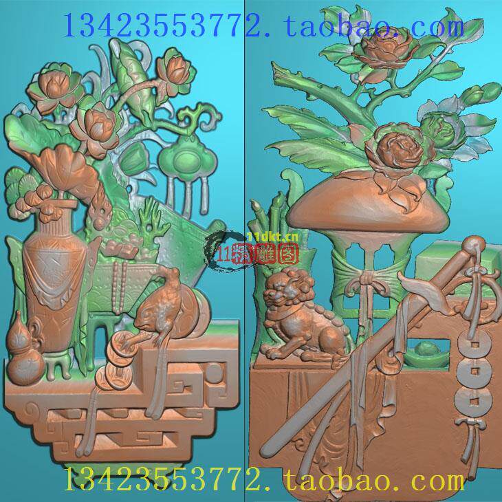 L精雕图扫描图古建图新款博古宝剑铜钱狮子画轴荷花荷叶铜钱花瓶