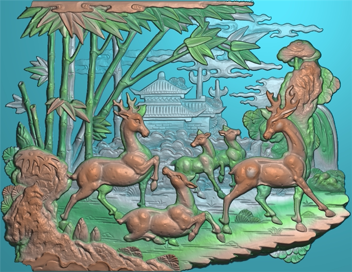 浮雕图扫描图精雕图灰度图新款鹿竹同春80-62 砖雕石雕 效果图