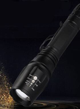 18650强光T6变焦双节电池10W远射户外照明野营l巡逻防水充电手电