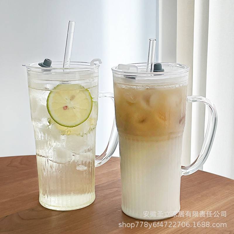 高颜值吸管玻璃杯子女新款2024办公室带盖水杯家用果汁奶茶咖啡杯